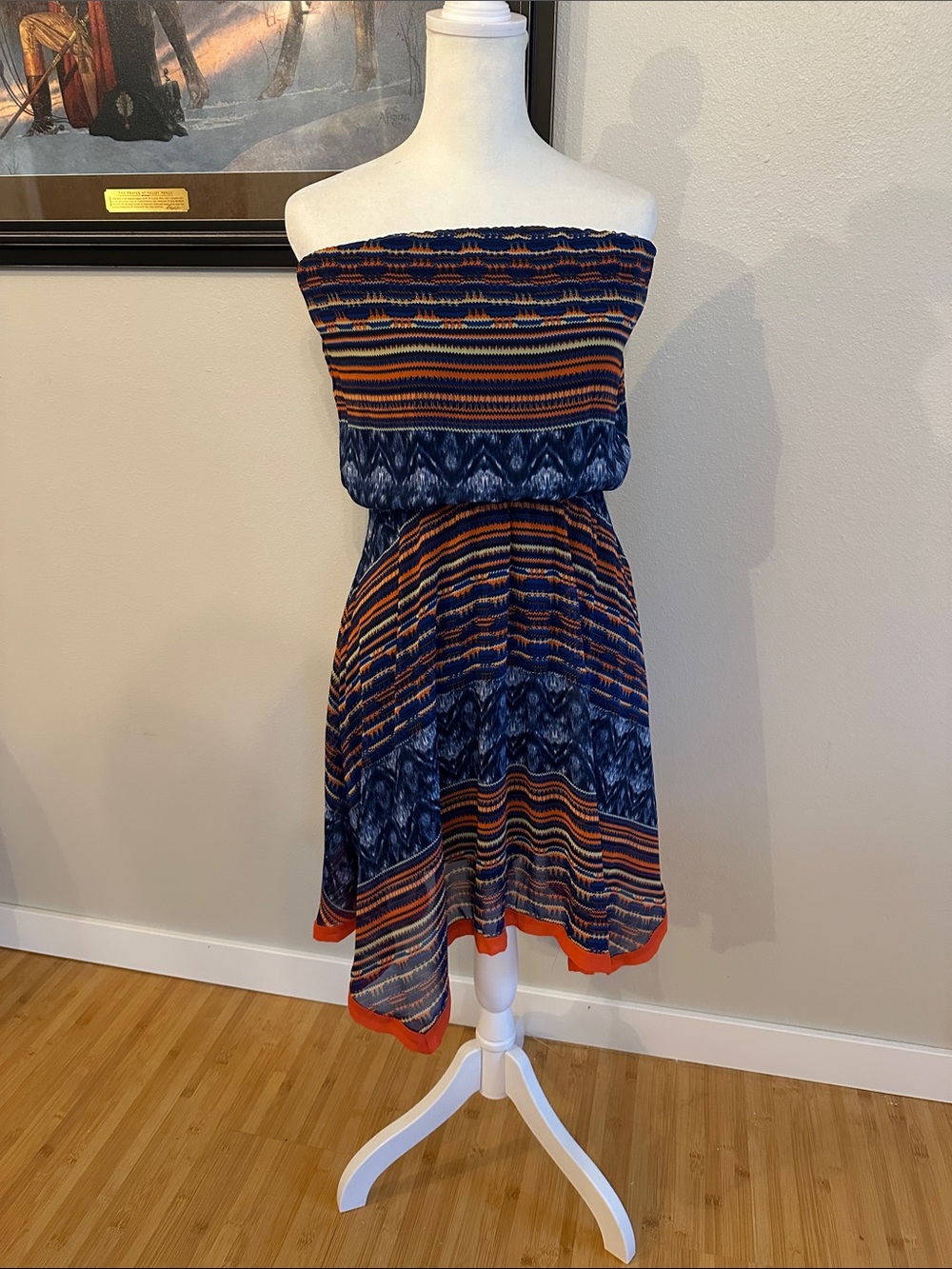 Mauve Strapless Navy and Orange Patterned Sundress
